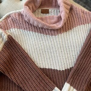 POL Pink and Cream Turtleneck Sweater